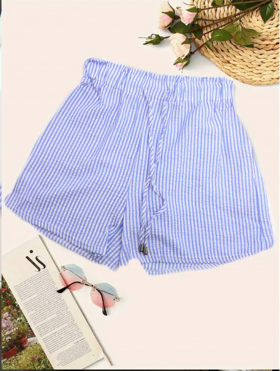 Solid Colored Striped Shorts w/ Front Tie & Pockets